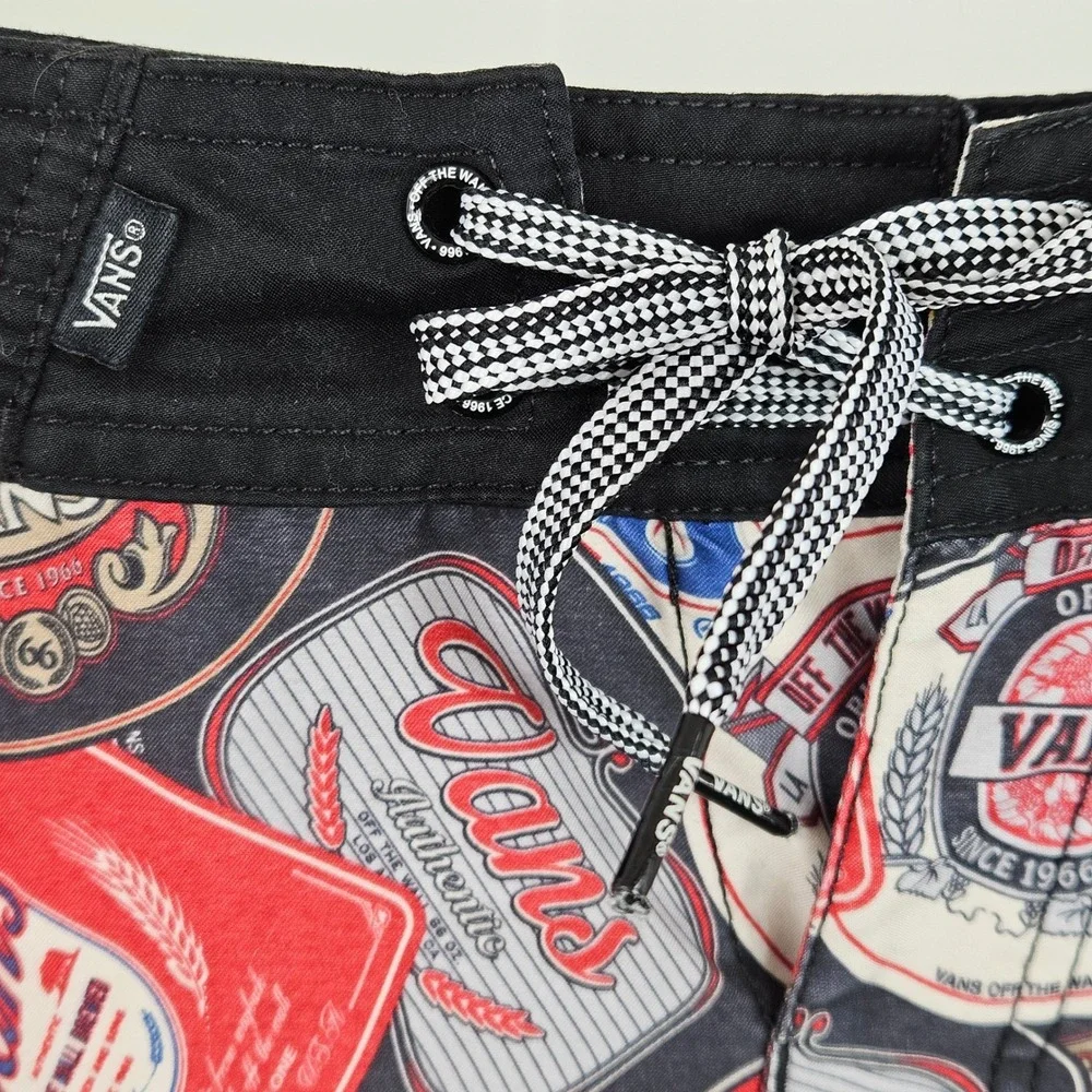 Vans Retro Beer Label Board Shorts Mens 30 (32) All Over Print Swim Trunks